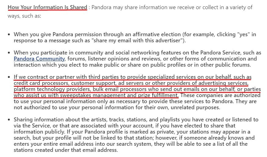 Pandora Privacy Policy: How Information is Shared clause - Third Party section highlighted
