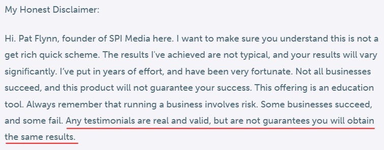 Pat Flynn SPI Media Disclaimer with Testimonial section highlighted