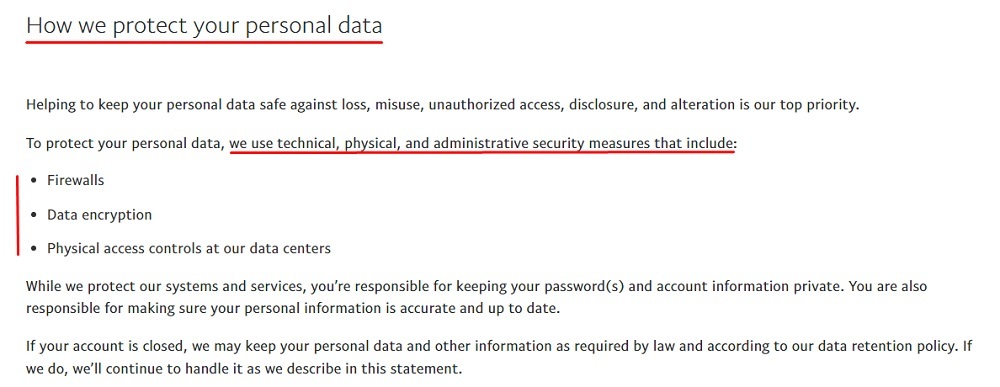 PayPal Privacy Statement: How do we protect your personal data clause