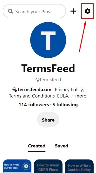 Pinterest on Android: Settings button highlighted