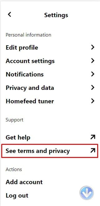 Pinterest on Android: Settings section - See terms and privacy option highlighted