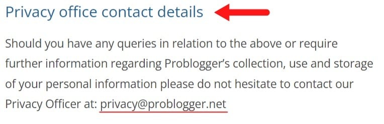 ProBlogger Privacy Policy: Contact Details clause