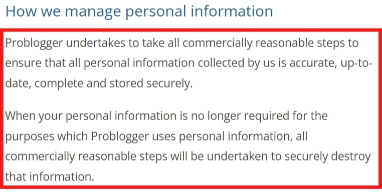 ProBlogger Privacy Policy: How we manage personal information - Security clause