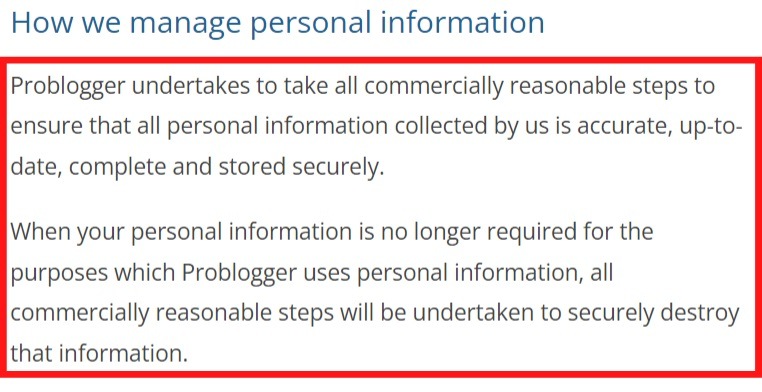 ProBlogger Privacy Policy: How we manage personal information - Security clause