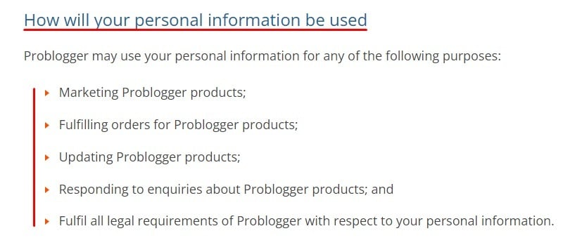 ProBlogger Privacy Policy: How will your personal information be used clause excerpt