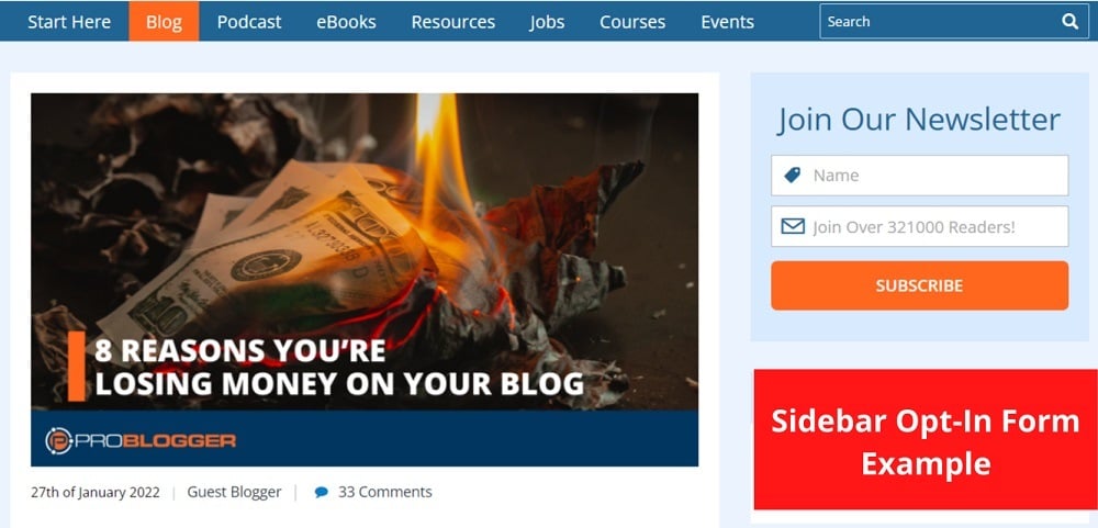 ProBlogger sidebar opt-in form example screenshot