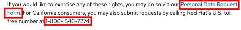 Red Hat Privacy Policy: Your Rights and Choices clause excerpt - Contact information section