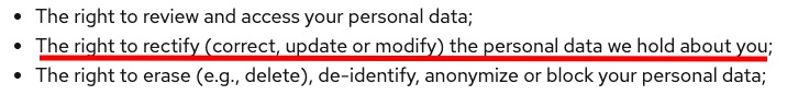 Red Hat Privacy Policy: Your Rights and Choices clause excerpt - Rectify and correct data section highlighted