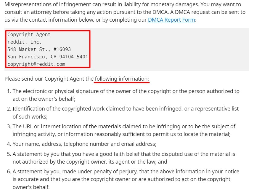 Reddit Wiki: DMCA Request information section
