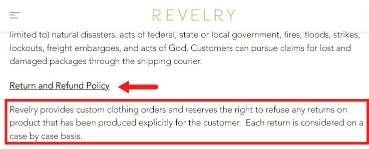 Revelry Terms: Return and Refund Policy clause