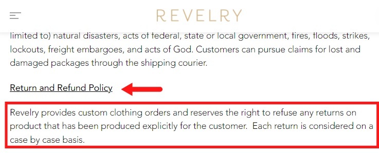 Revelry Terms: Return and Refund Policy clause