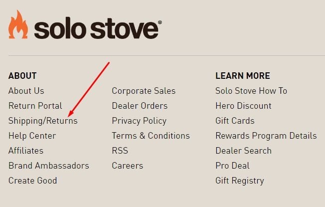 Solo Stove website footer with Returns Policy link highlighted