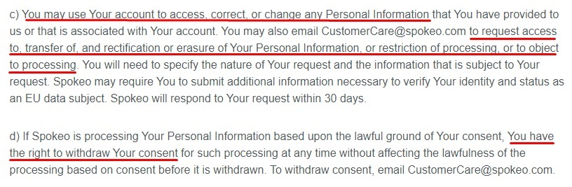 Spokeo Privacy Policy: Specific Clauses for EU Data Subjects - Rights clause