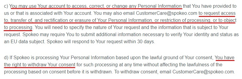 Spokeo Privacy Policy: Specific Clauses for EU Data Subjects - Rights clause