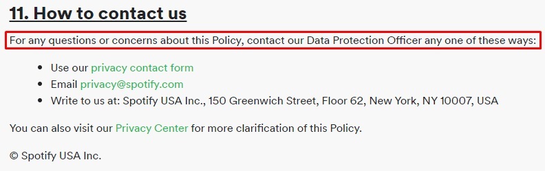 Spotify Privacy Policy: How to contact us clause