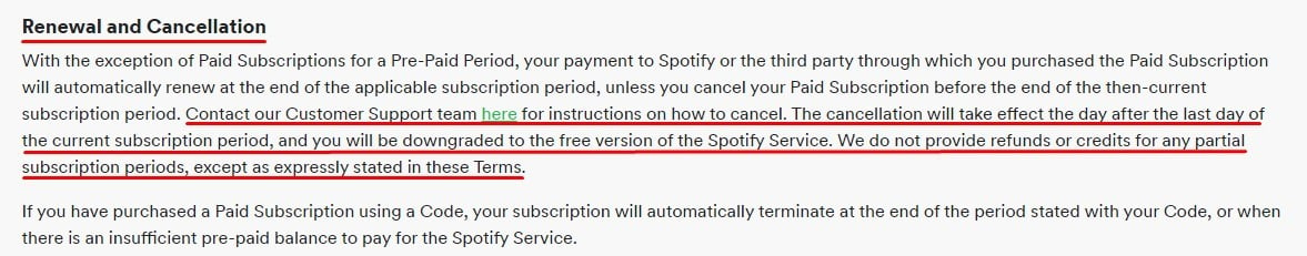 Spotify Terms of Use: Renewal and Cancellation clause