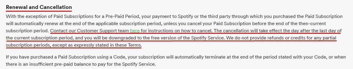 Spotify Terms of Use: Renewal and Cancellation clause