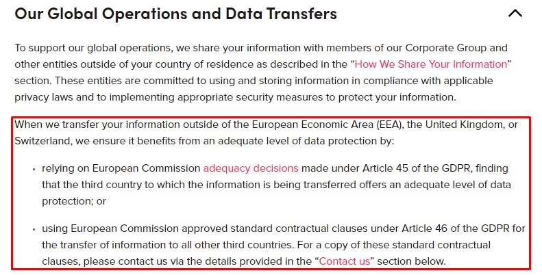 TikTok Privacy Policy: Our Global Operations and Data Transfers clause