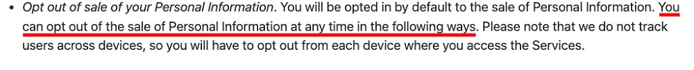 Weather Channel Privacy Policy: CCPA Notice clause - Data Rights - Opt out of sale of personal information section