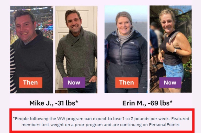 Weight Watchers Then and Now testimonial photos with disclaimer highlighted