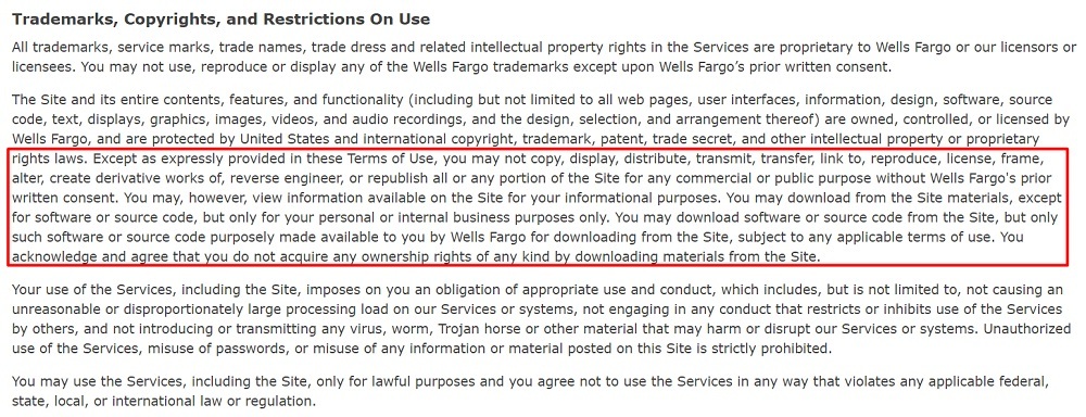Wells Fargo Terms of Use: Trademarks, Copyrights and Restrictions on Use clause