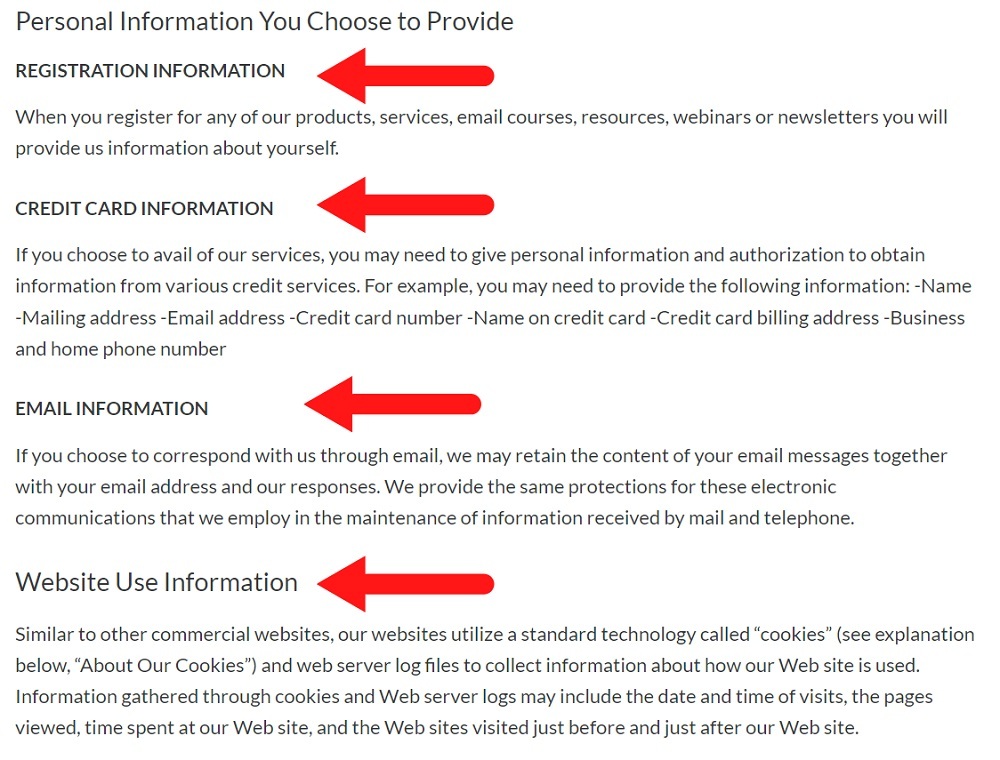 Yaro Starak Privacy Policy: Information collected clause - Information you provide section