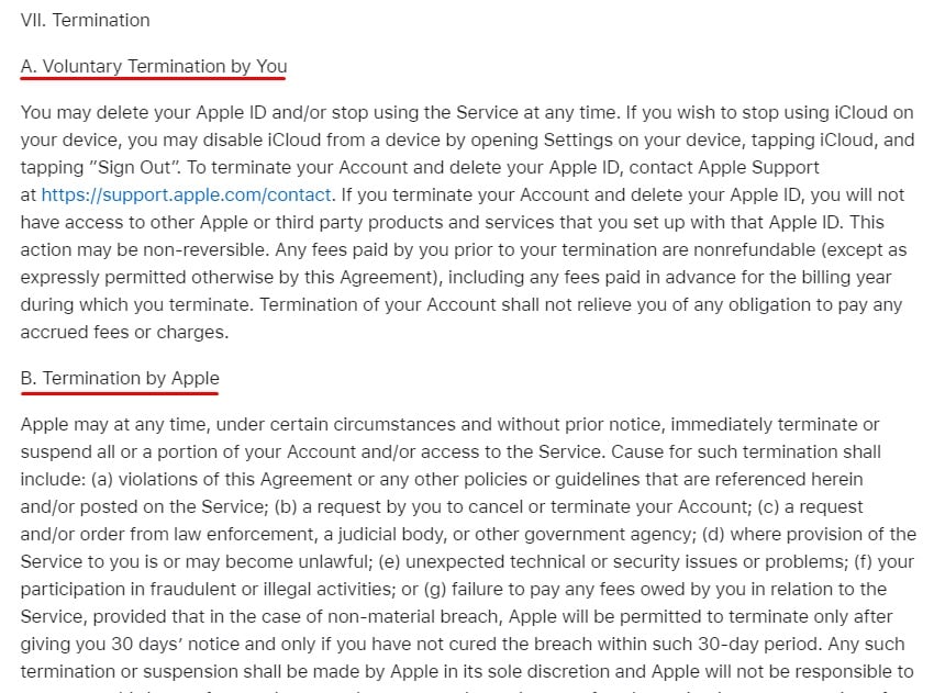 Apple iCloud Terms agreement: Termination clause excerpt