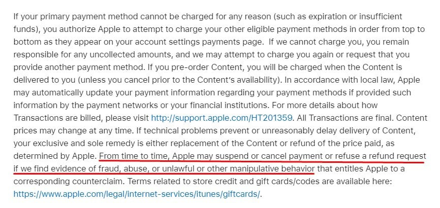 Apple Media Services Terms and Conditions: Refuse refund request section