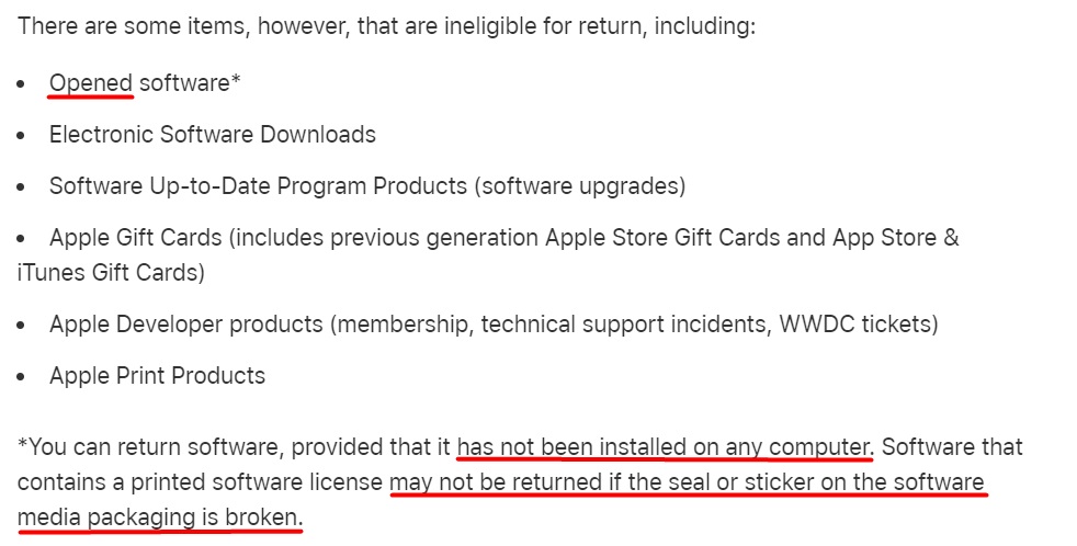 Apple Returns and Refunds Policy: Ineligible for returns items list