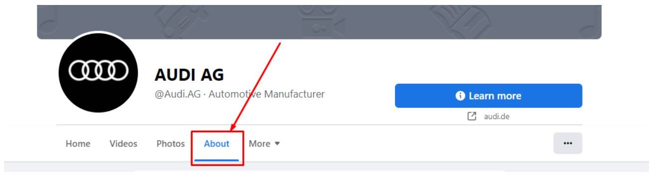 Audi Facebook Page with About menu link highlighted