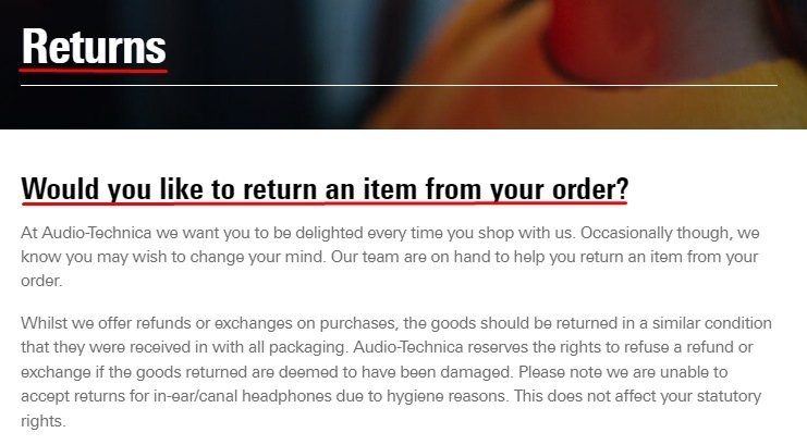 Audio Technica Returns Policy: Intro clause