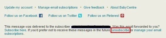 BabyCenter email footer with unsubscribe link highlighted