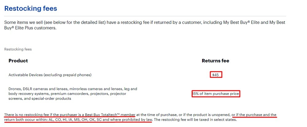 Best Buy Returns and Exchanges Policy: Restocking Fees section