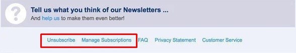 Booking email newsletter footer with unsubscribe and manage subscriptions links highlighted