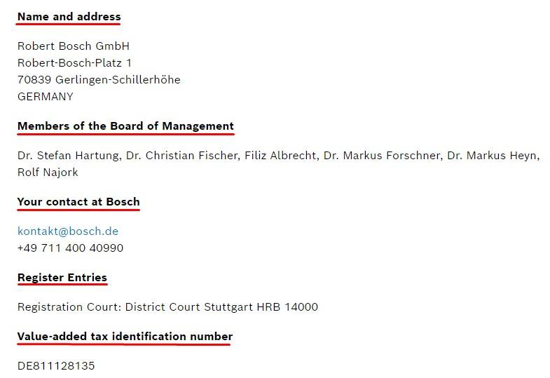 Bosch Corporate Information: Impressum excerpt updated