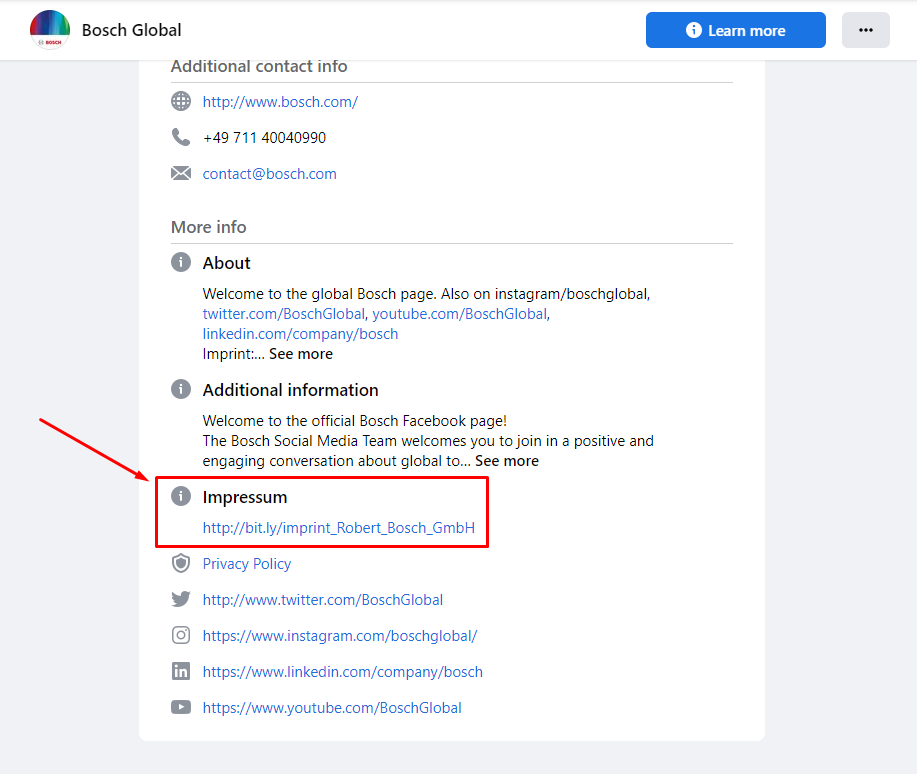 Bosch Facebook Page with Impressum link highlighted - updated