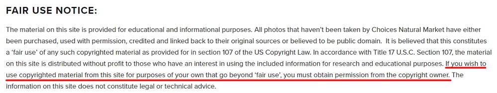 Choices Natural Market; Fair Use Disclaimer excerpt