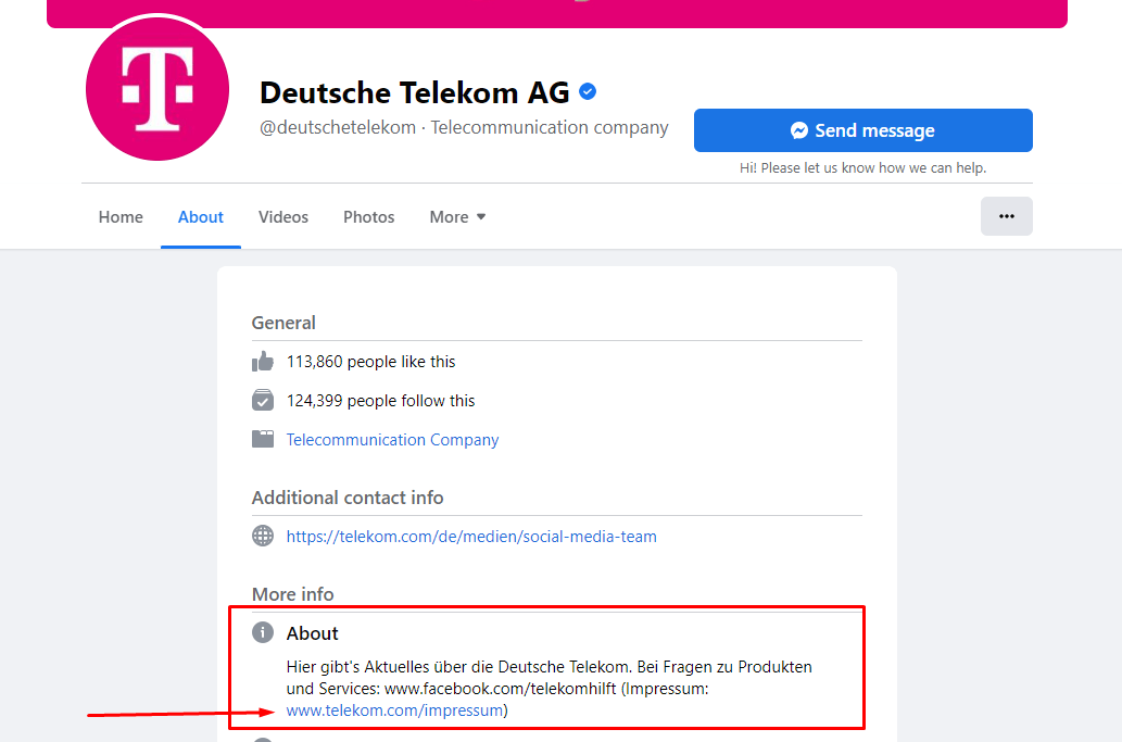 Deutsche Telekom Facebook Page with About and Impressum highlighted