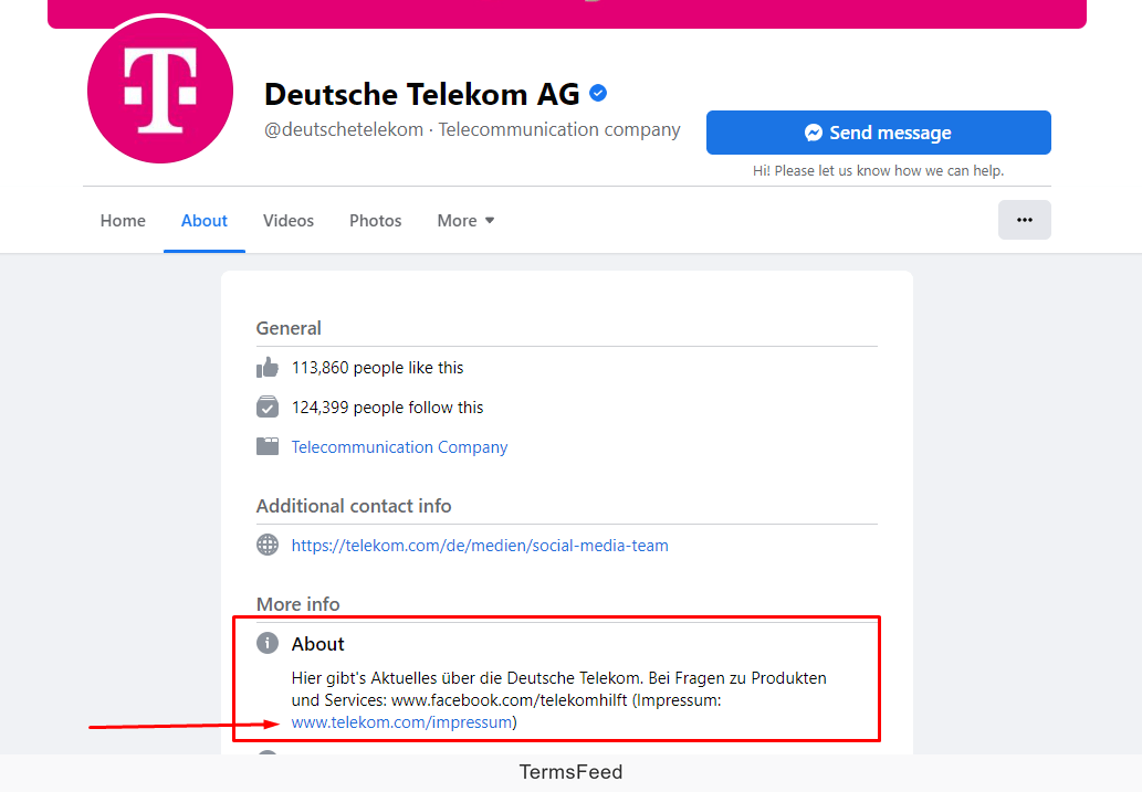Deutsche Telekom Facebook Page with About and Impressum highlighted