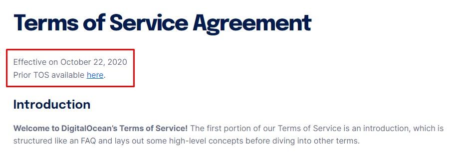 DigitalOcean Terms of Service: Effective date and updated terms section highlighted