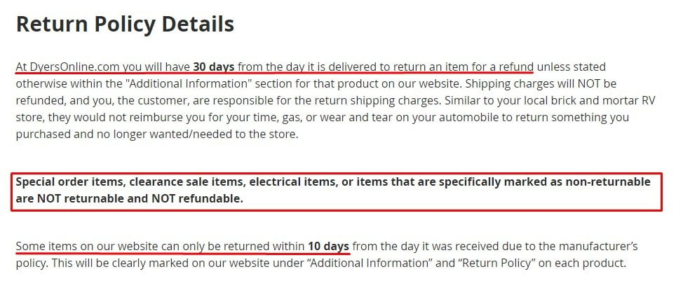 Dyers Returns Policy: Return Timeframe section