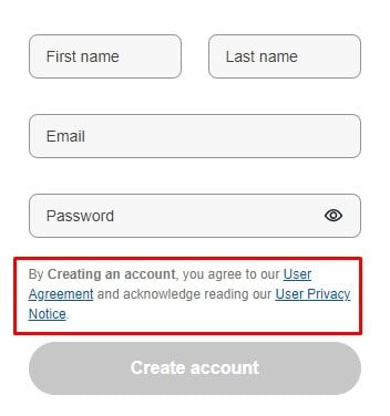 eBay Create Account form with I agree text highlighted