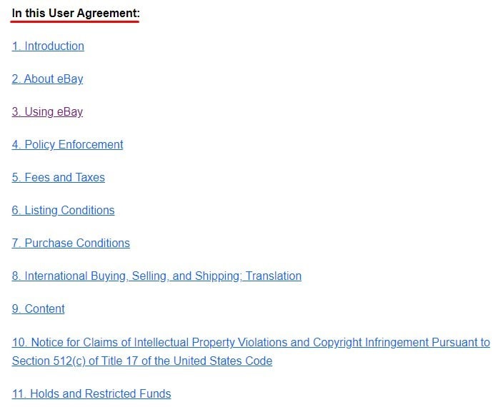 eBay User Agreement Table of Contents