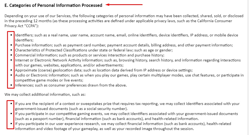 Electronic Arts Privacy and Cookie Policy: Categories of Personal Information Processed clause