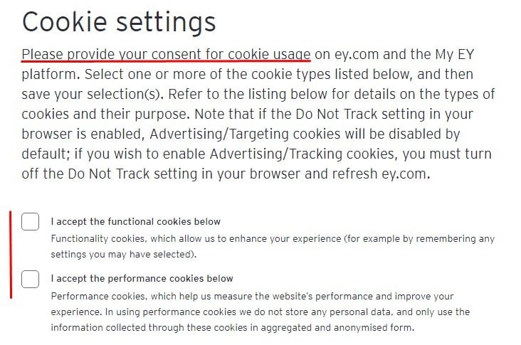 EY Cookie Settings page