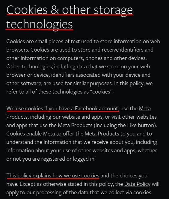 Facebook Cookies Policy: Cookies and Other Storage Technologies clause