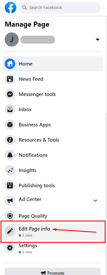 Facebook Create a Page: Edit Page Info link highlighted