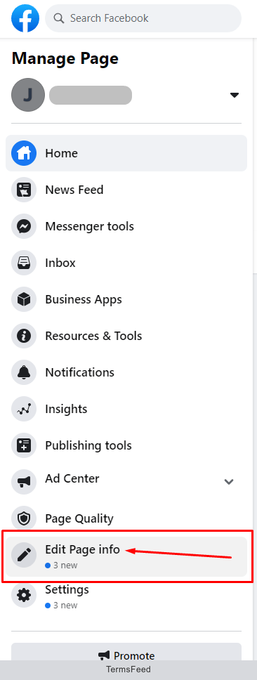Facebook Create a Page: Edit Page Info link highlighted