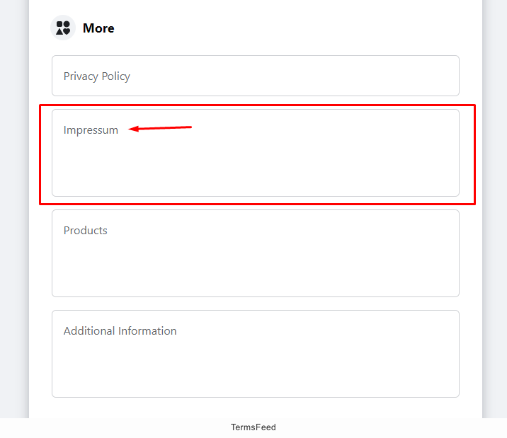 Facebook Page More menu with Impressum field highlighted