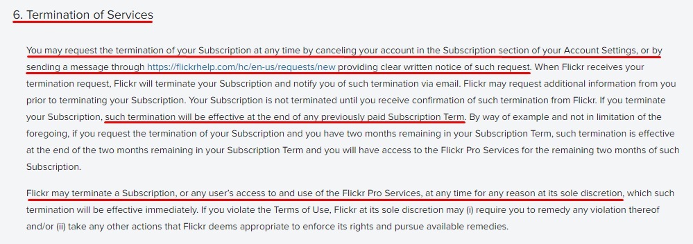 Flickr Terms and Conditions: Termination of Services clause excerpt